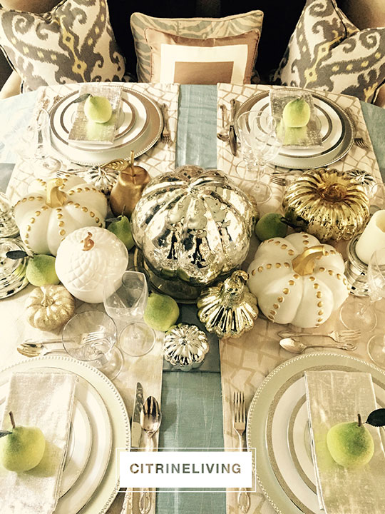 fall-tablescape-mercury-glass-pumpkins-green-pears2