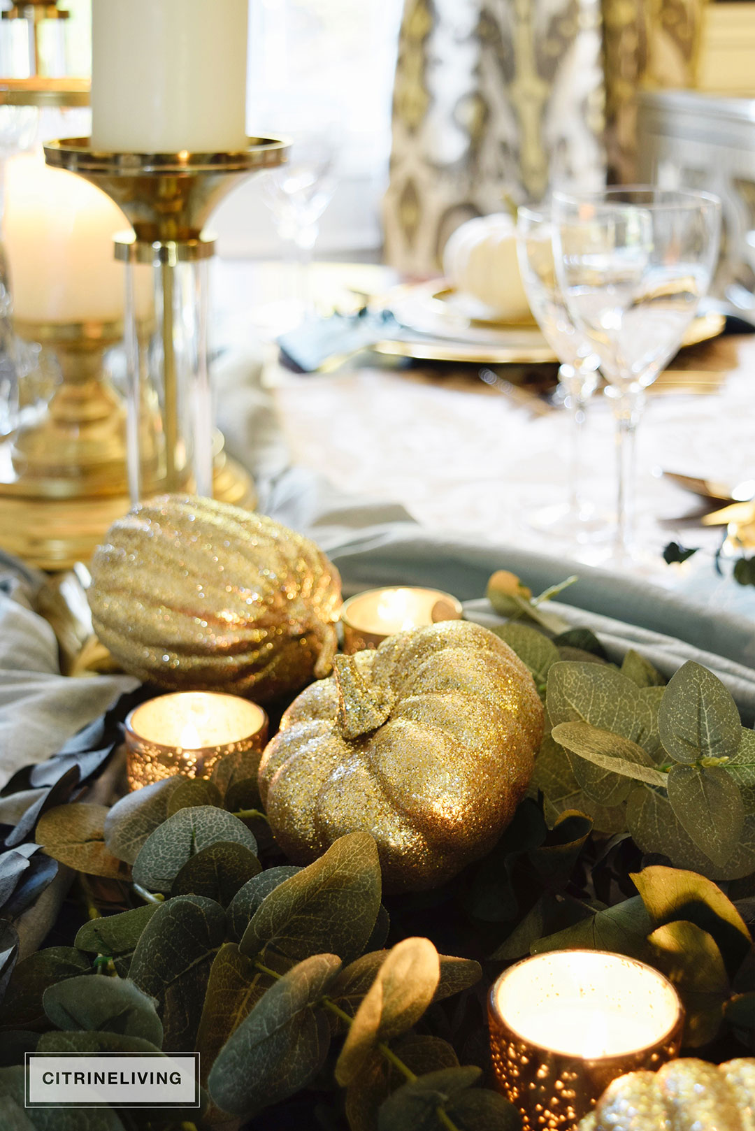 GOLD AND AQUA THANKSGIVING TABLE