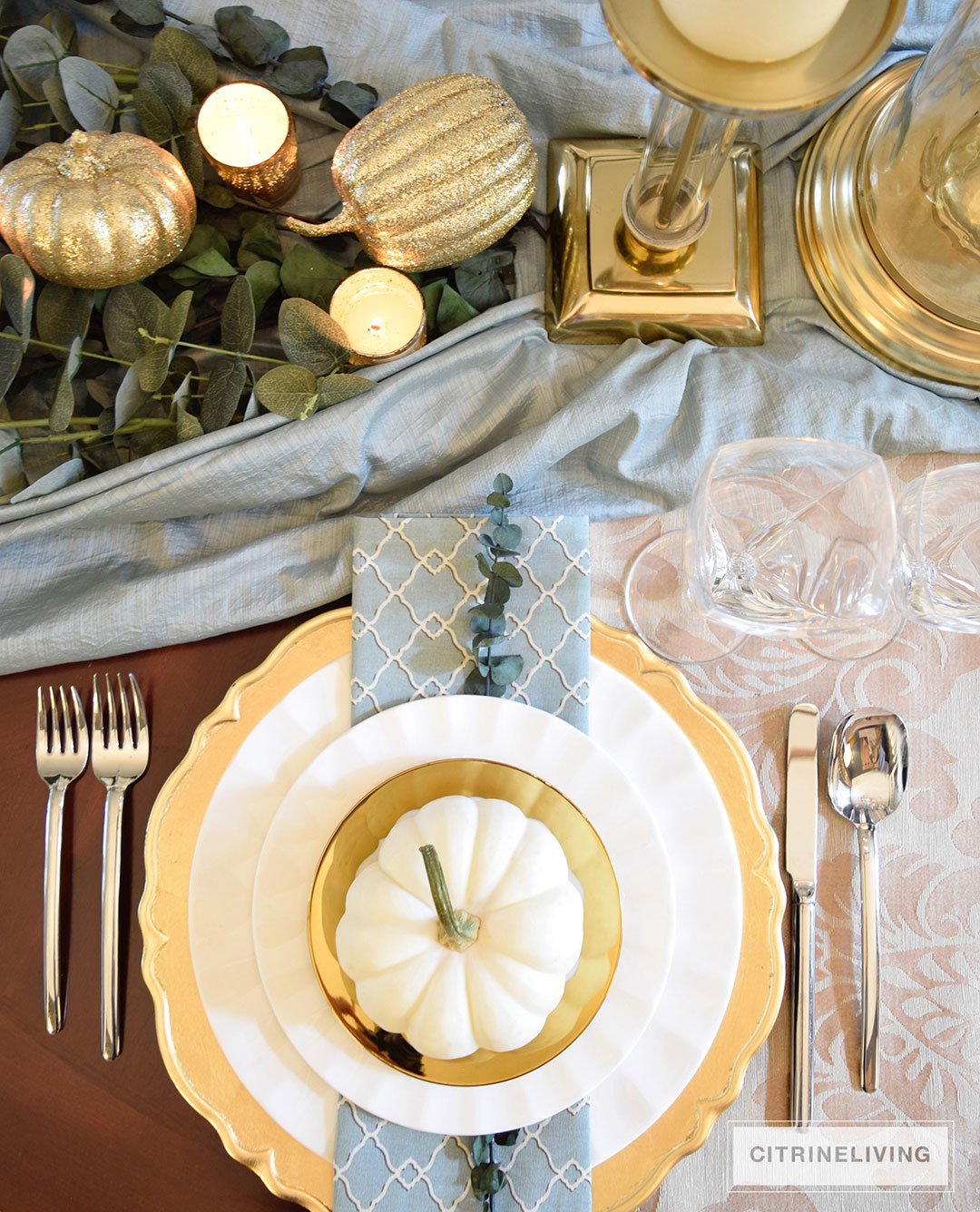 GOLD AND AQUA THANKSGIVING TABLE