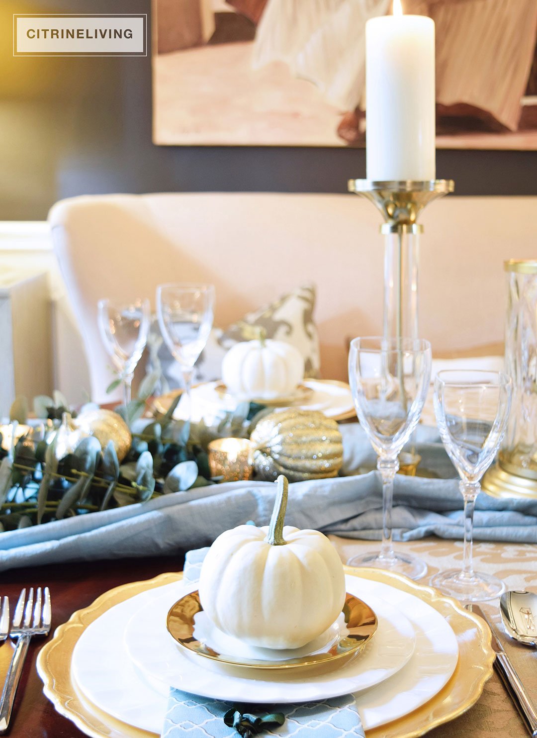 GOLD AND AQUA THANKSGIVING TABLE