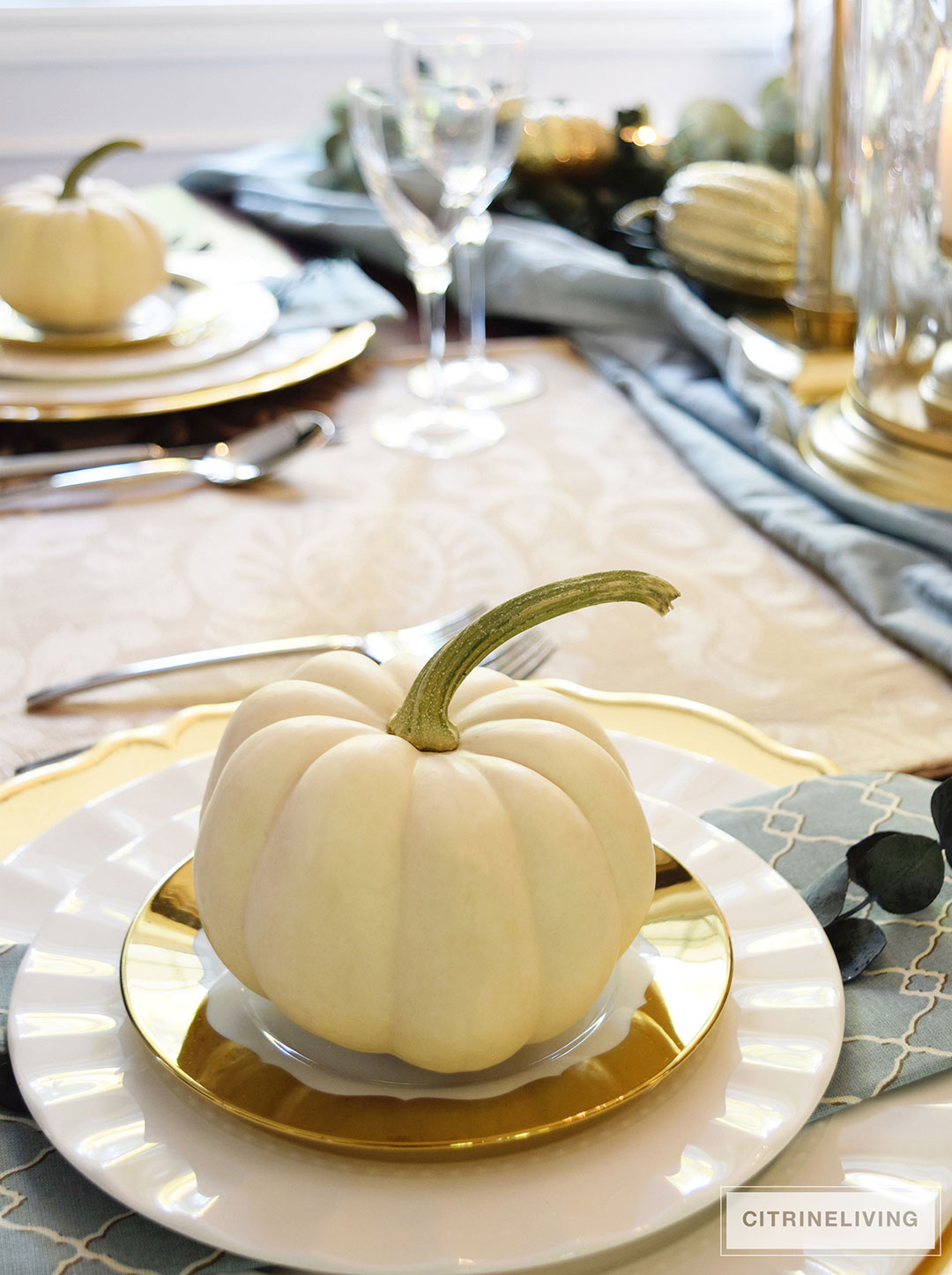 GOLD AND AQUA THANKSGIVING TABLE
