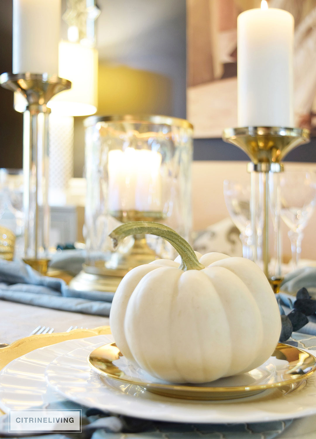 GOLD AND AQUA THANKSGIVING TABLE