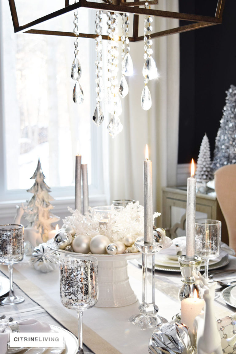 A WINTER WHITE AND SILVER HOLIDAY TABLESCAPE
