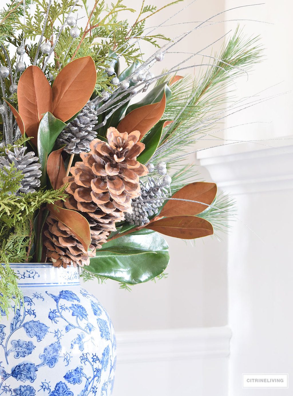 Christmas Home Tour - mixed metallics and blue and white create a chic Holiday theme