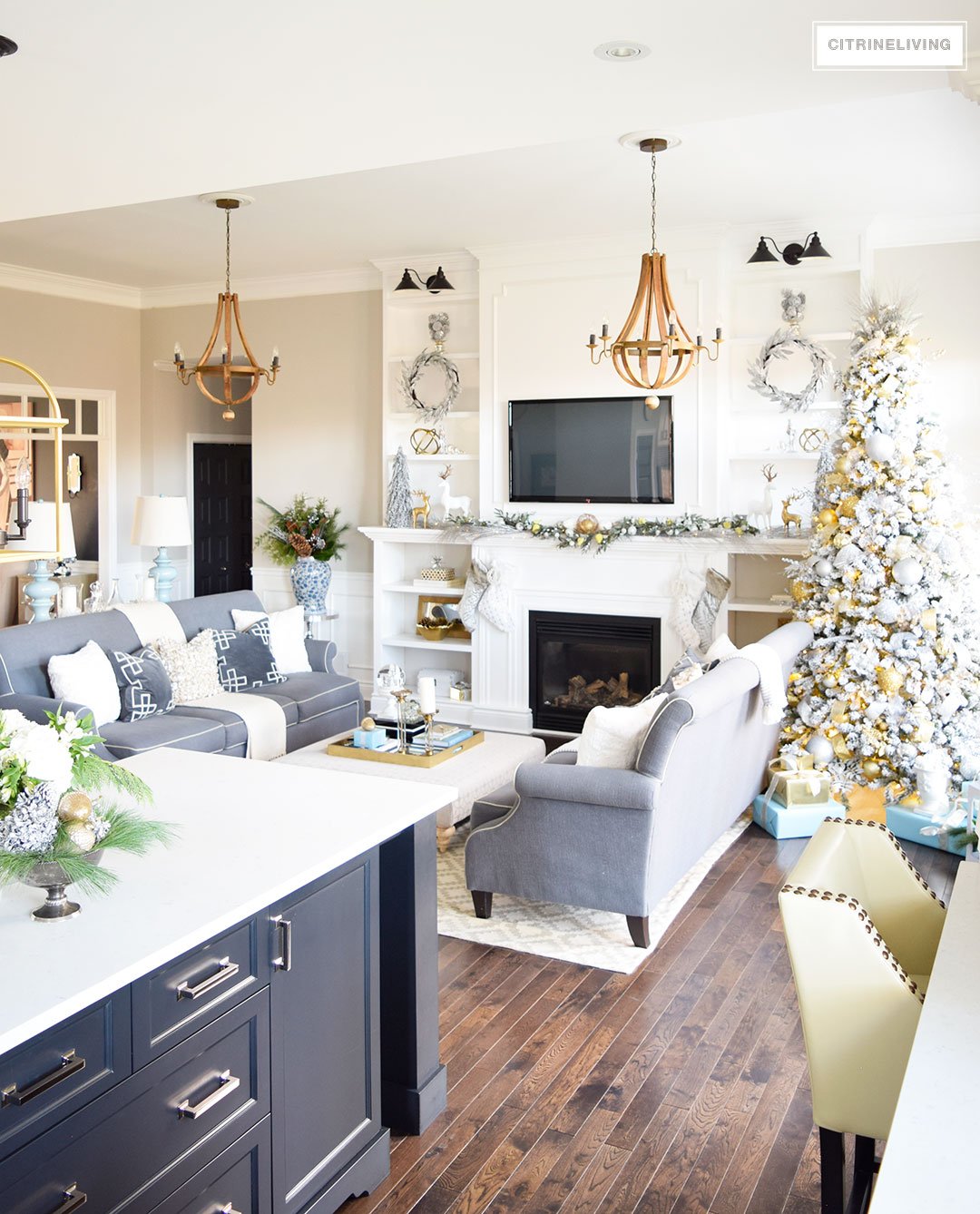 Christmas Home Tour -Beautiful living room with mixed metallics and icy blues create a chic Holiday theme