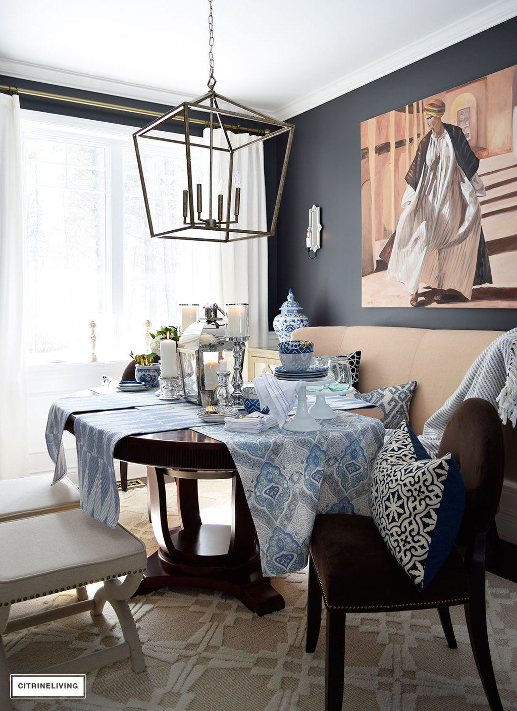 Bring a fresh Spring vibe to your decor with a mix of blue and white pattern and texture.