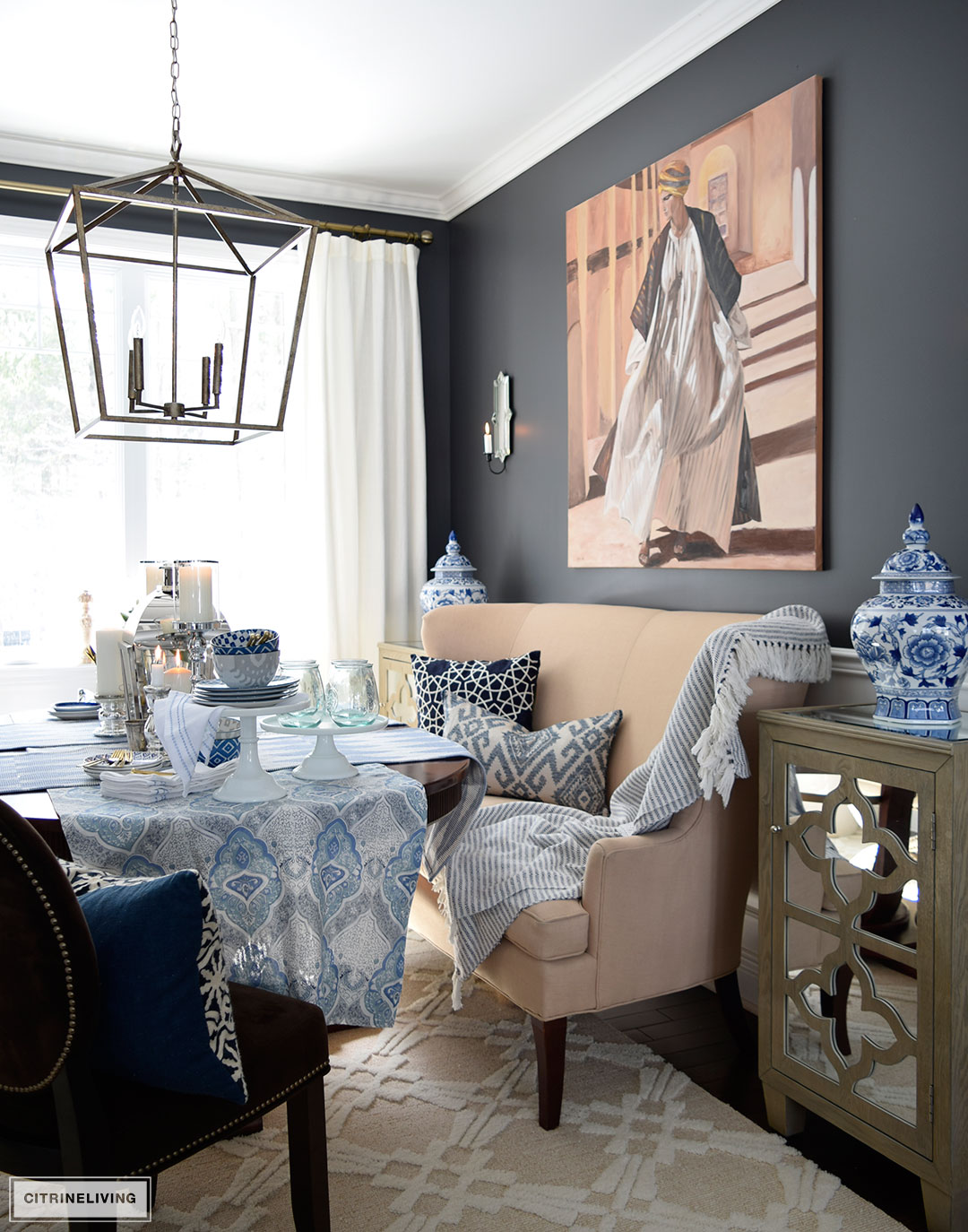 Spring decor - a fresh mix of blue and white pattern and texture is perfect for the season.