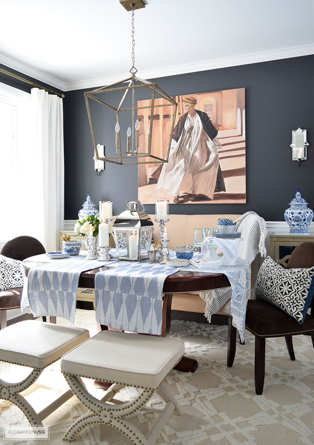 Bring a fresh Spring vibe to your decor with a mix of blue and white pattern and texture.
