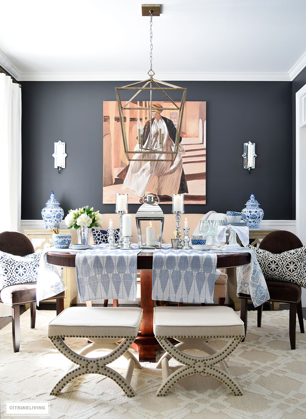 Spring decor - a fresh mix of blue and white pattern and texture is perfect for the season.