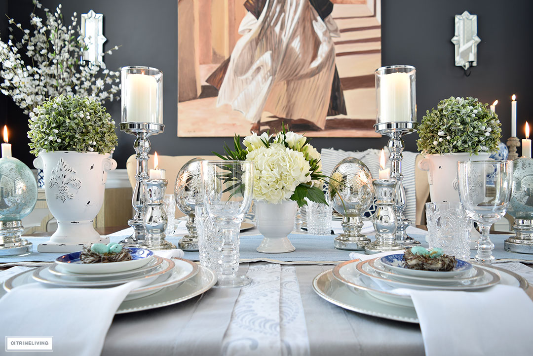 Elegant Easter and Spring tablespcae with mercury glass accents, mixed with fresh and faux florals and greenery.