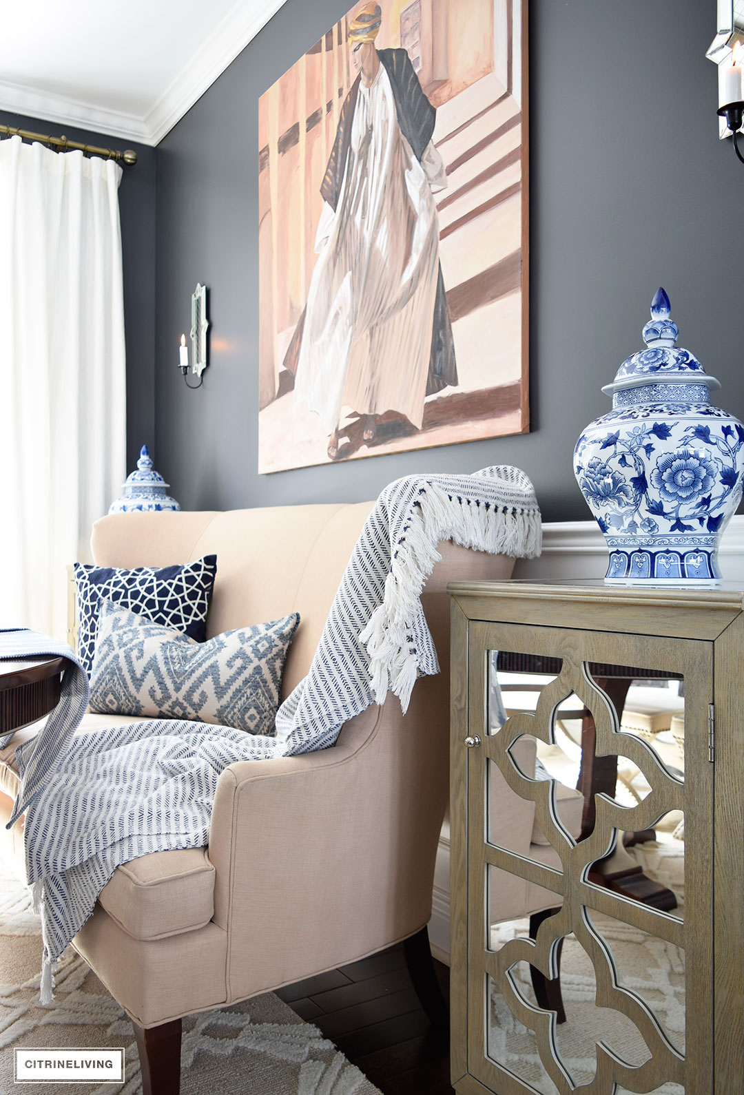 Spring decor - layers of blue and white pattern and texture is perfect for the season.
