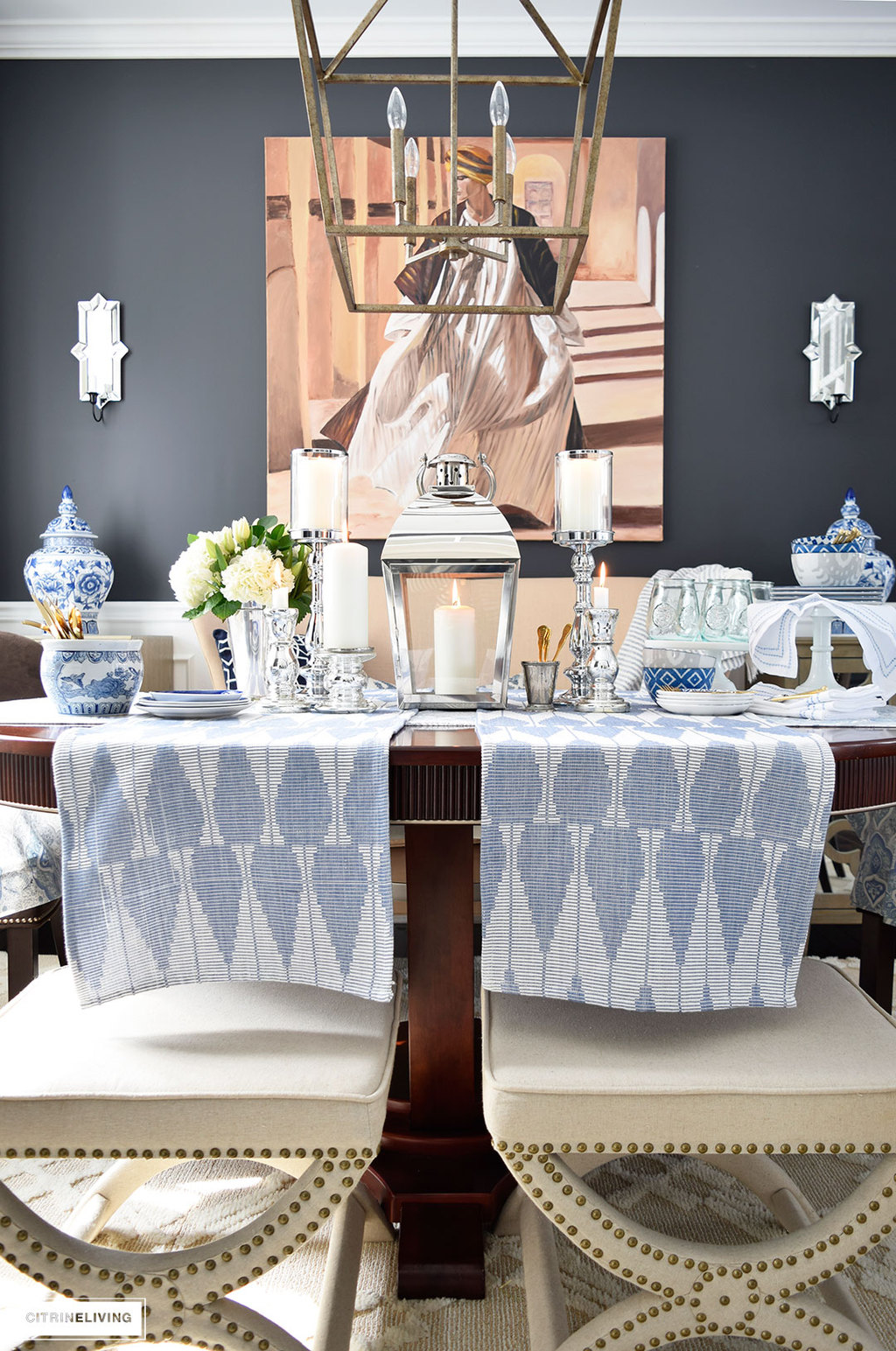 Spring decor - a fresh mix of blue and white pattern and texture is perfect for the season.