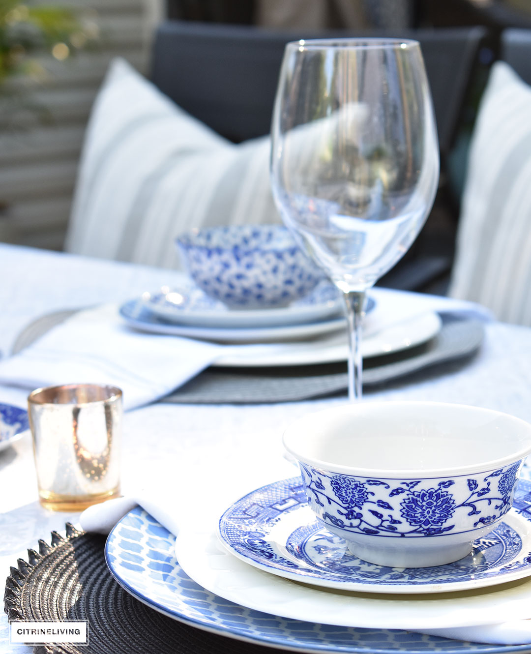 A mix of blue and white pattern on your table creates a refreshing and elegant setting for guests for Summer entertaining or any season.