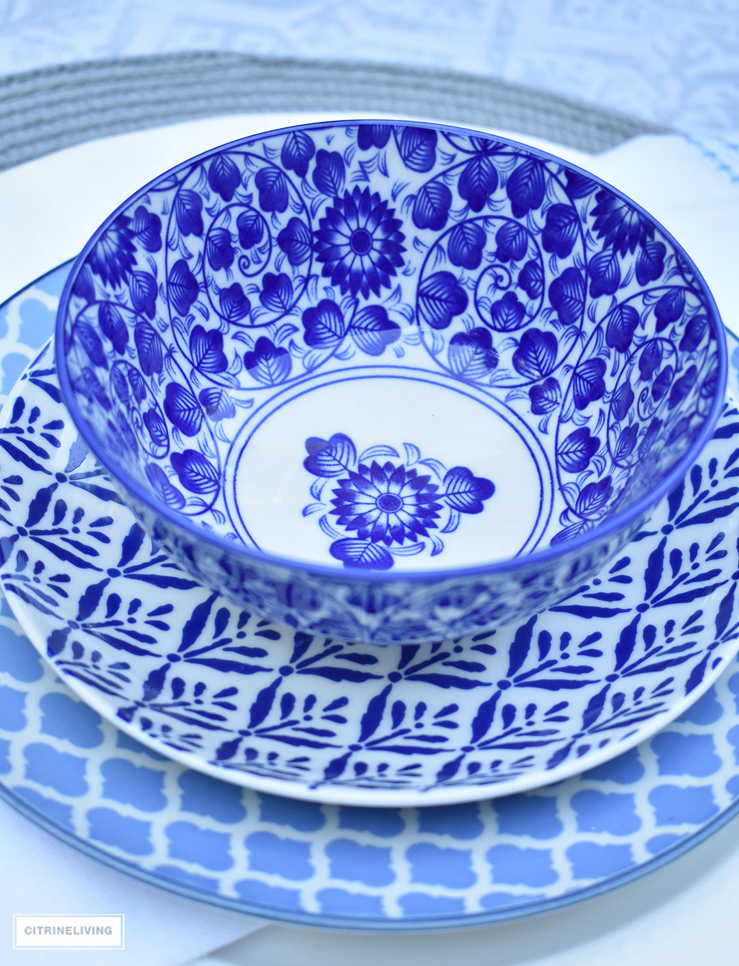 A mix of blue and white pattern on your table creates a refreshing and elegant setting for guests for Summer entertaining or any season.