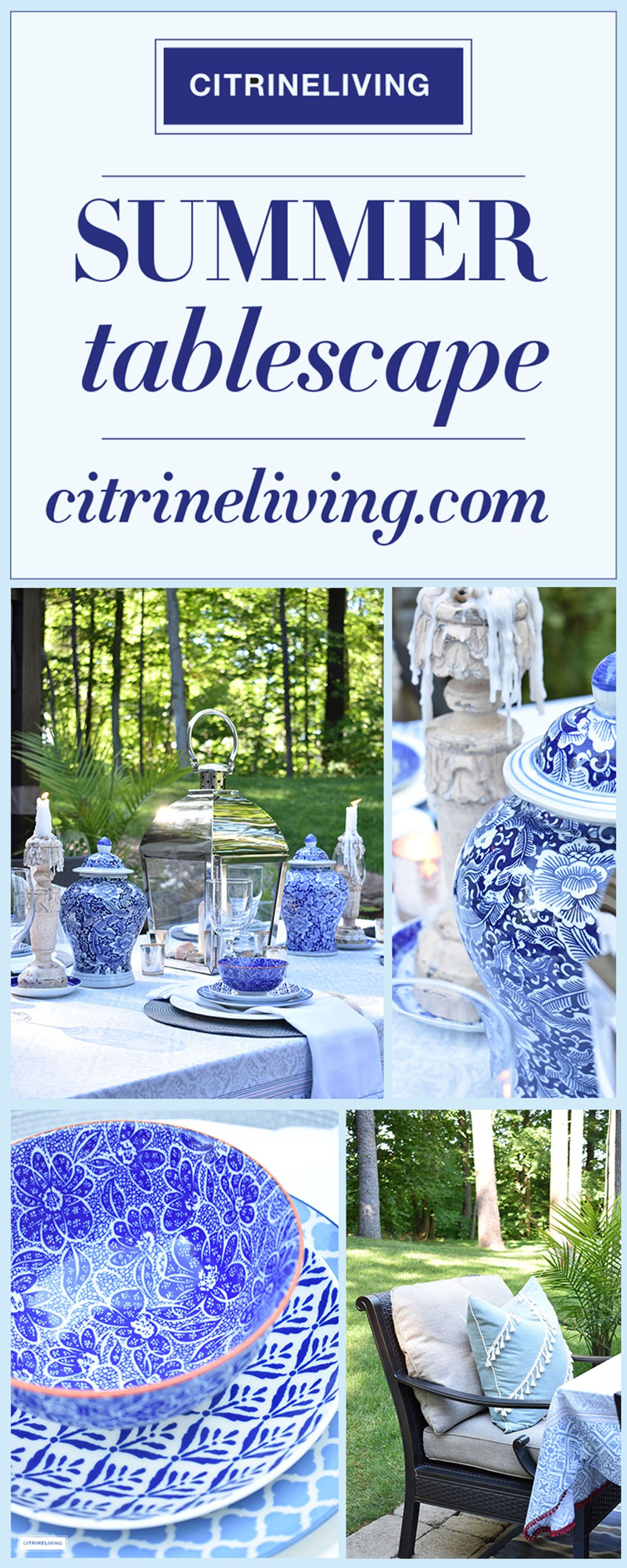 An outdoor tablescape with blue and white ginger jars and a mix of blue and white patterned dishes brings a casual yet elegant look to your outdoor space.