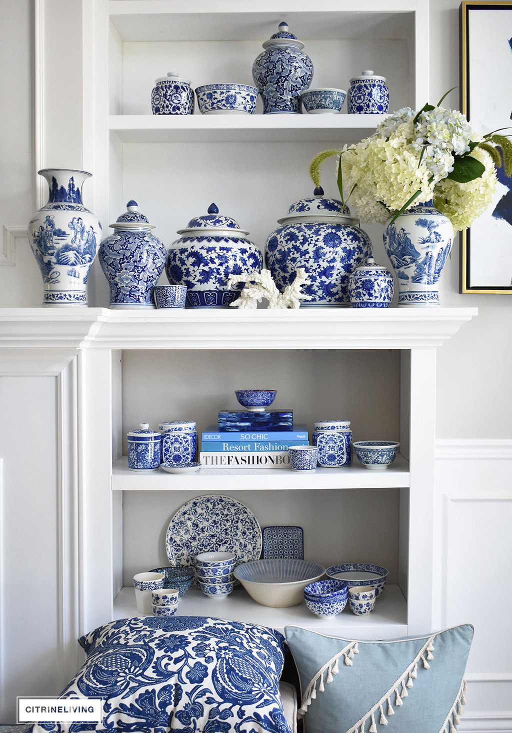 A beautiful collection of blue and white ginger jars, vases, bowls and dishes can be showcased and used anywhere throughout your home. Pair it with any color scheme and use it through any season of the year - this timeless classic will never go out of style!