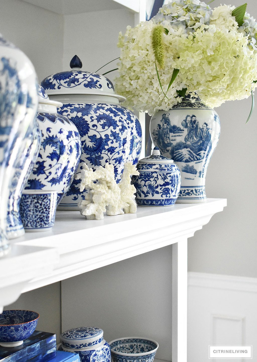 A beautiful collection of blue and white ginger jars, vases, bowls and dishes can be showcased and used anywhere throughout your home. Pair it with any color scheme and use it through any season of the year - this timeless classic will never go out of style!