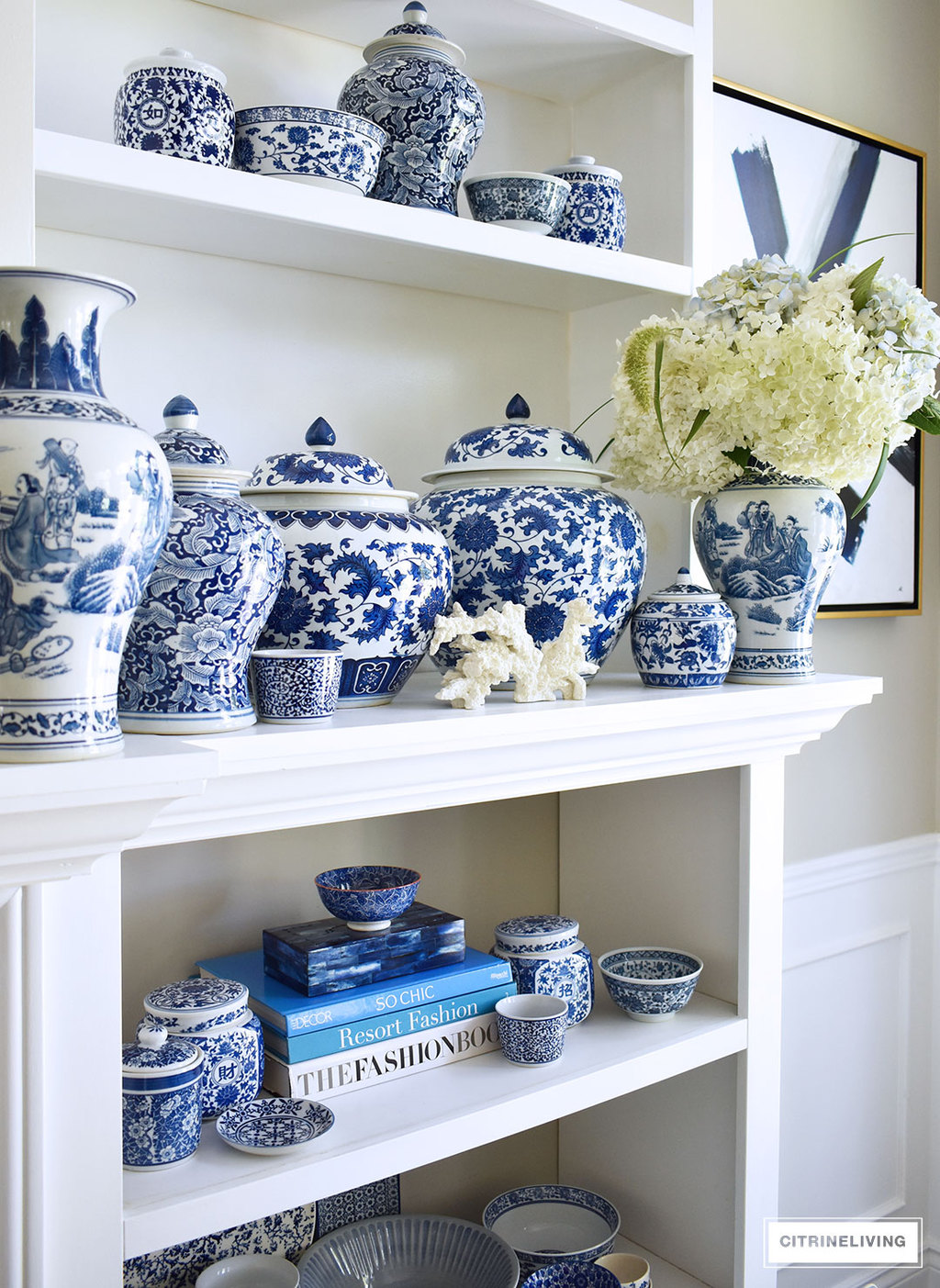 blue and white ginger jar vase bowl collection hydrangeas