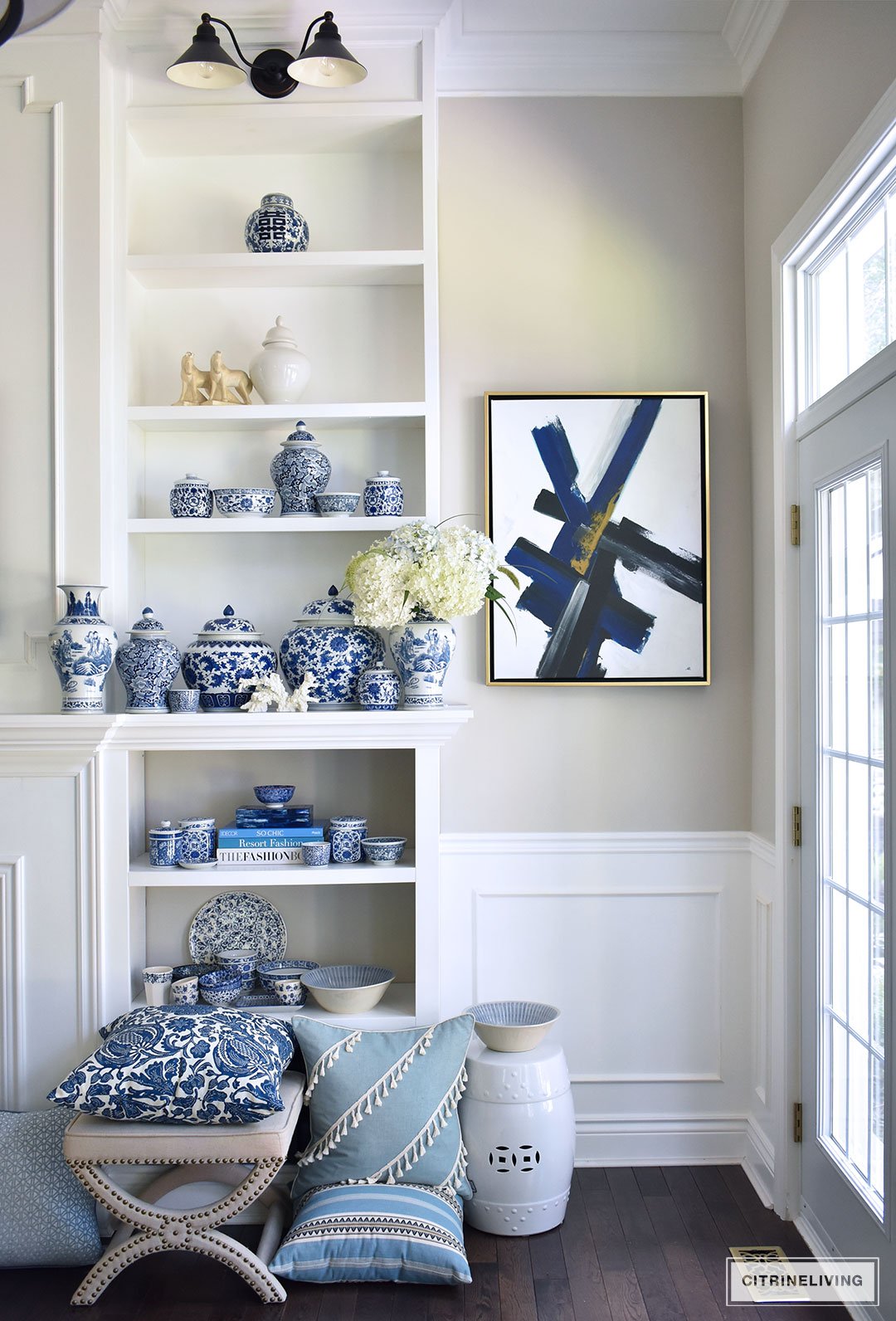 A beautiful collection of blue and white ginger jars, vases, bowls and dishes can be showcased and used anywhere throughout your home. Pair it with any color scheme and use it through any season of the year - this timeless classic will never go out of style!