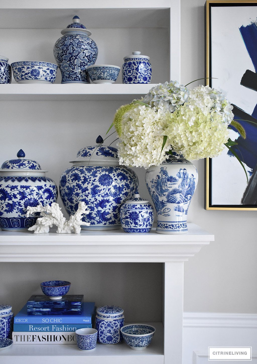 A beautiful collection of blue and white ginger jars, vases, bowls and dishes can be showcased and used anywhere throughout your home. Pair it with any color scheme and use it through any season of the year - this timeless classic will never go out of style!