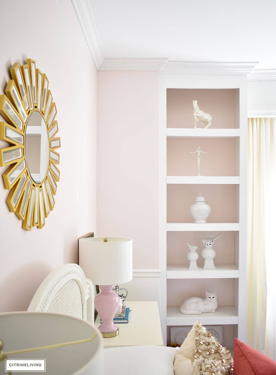 BLUSH PINK AND CORAL BEDROOM WITH BRASS ACCENTS