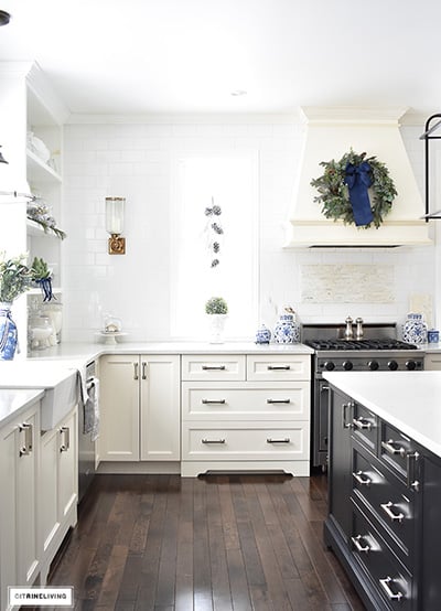 CHRISTMAS KITCHEN WITH BLUE & WHITE + HOLIDAY GREENERY