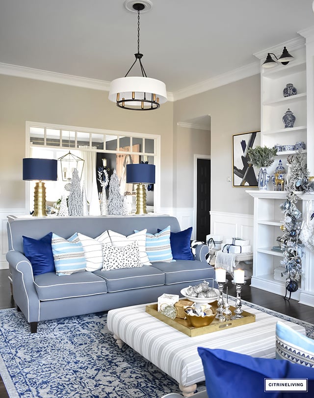 navy blue white and silver living room