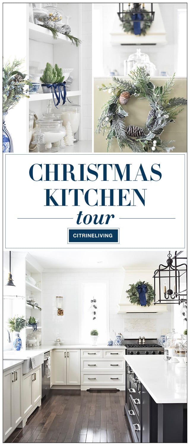 A beautiful Christmas kitchen with blue and white chinoiserie, paired with holiday greenery for a sophisticated, festive and elegant look.