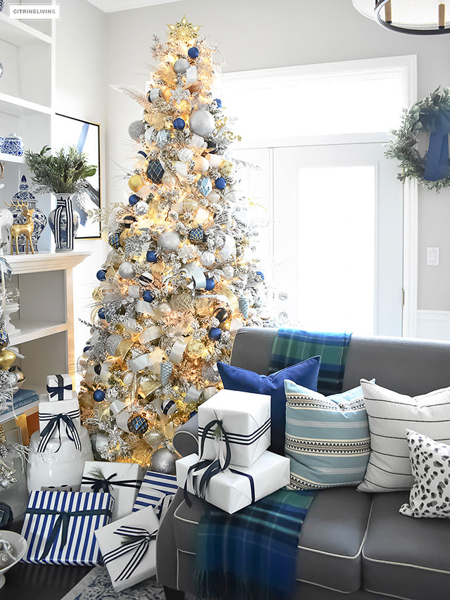 Blue And White Christmas Living Room