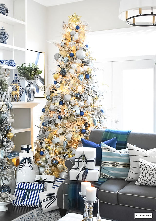 Flocked Christmas Tree Decor: Blue, Silver + Gold - Citrineliving