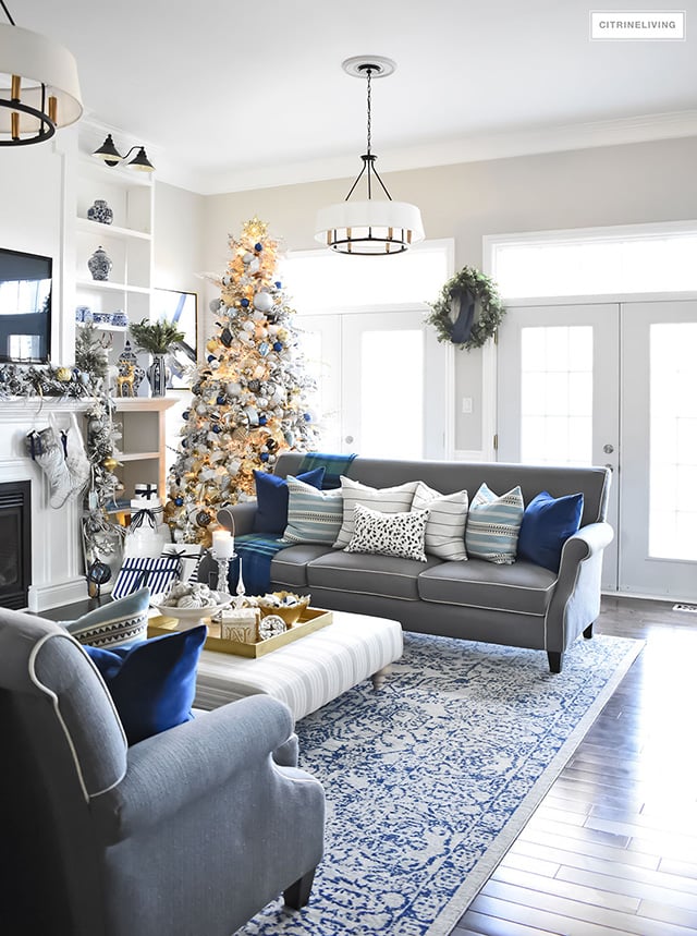 CHRISTMAS KITCHEN WITH BLUE  WHITE  HOLIDAY GREENERY