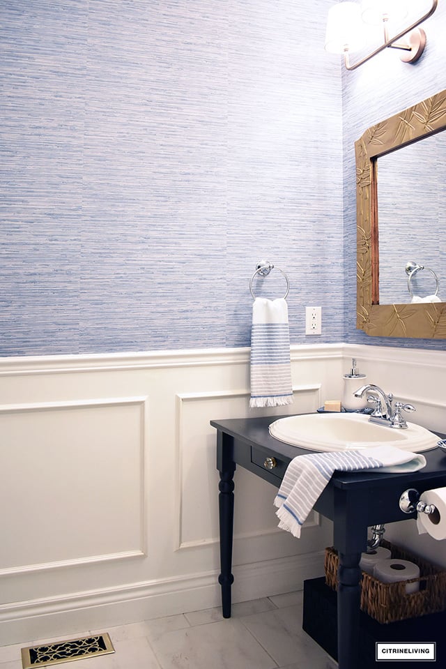 The Creativity Exchange  Loving this serene bathroom The wall color is  actually grasscloth wallpaper but the spa color is very close to Sherwin  Williams Waterscape Isnt this a stunning combination via