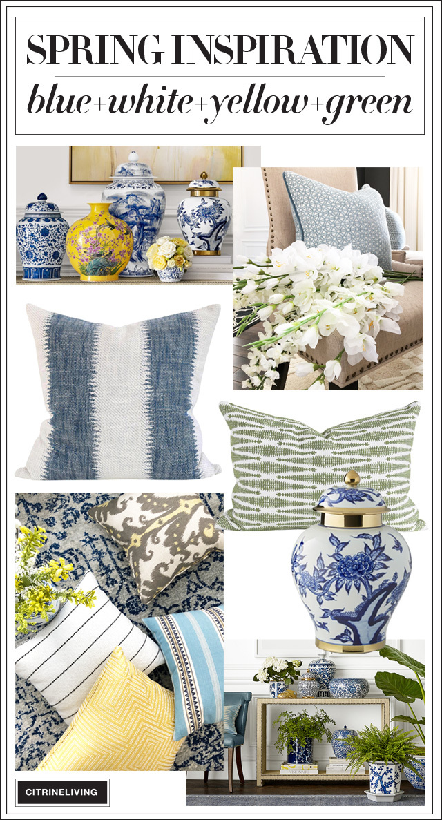 Find some Spring inspiration with a beautiful color palette of blue and white, paired with yellow and green for a bright and happy theme this season.