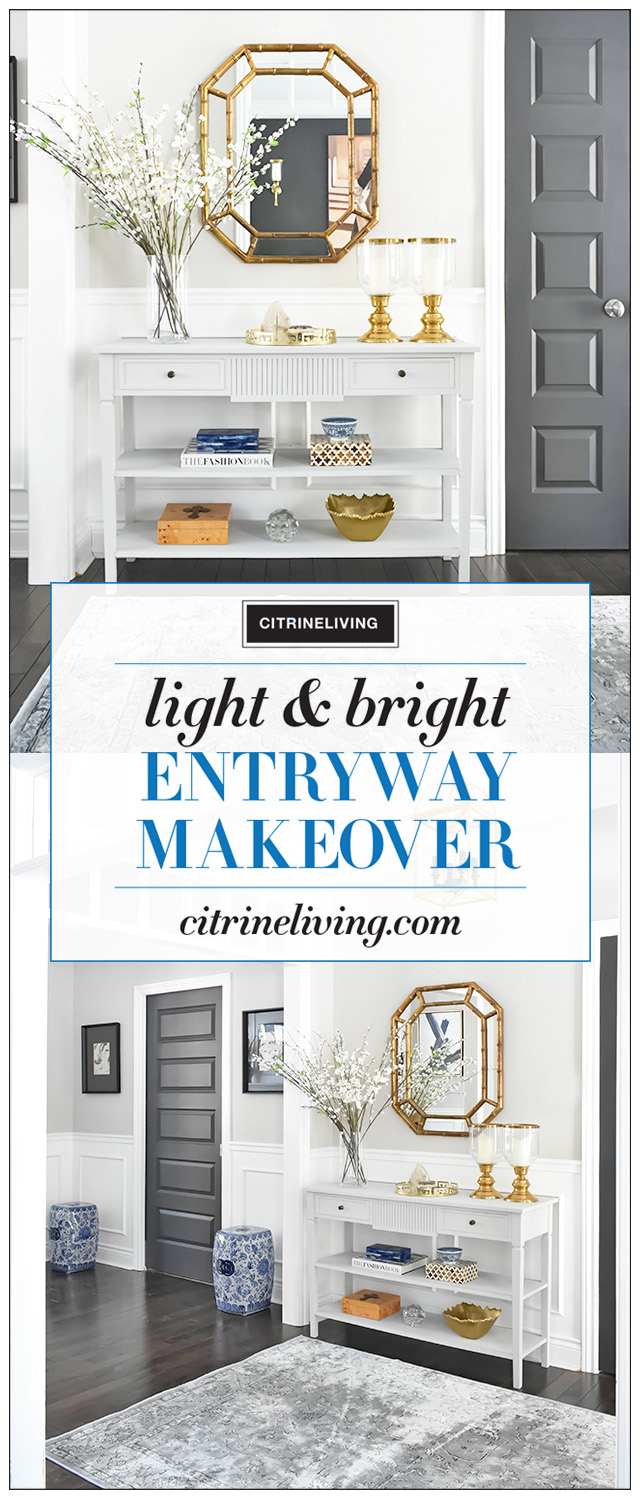 A light and bright entryway makeover that was super simple to achieve! Some chalk paint, a new mirror and new rug have completely transformed this foyer!