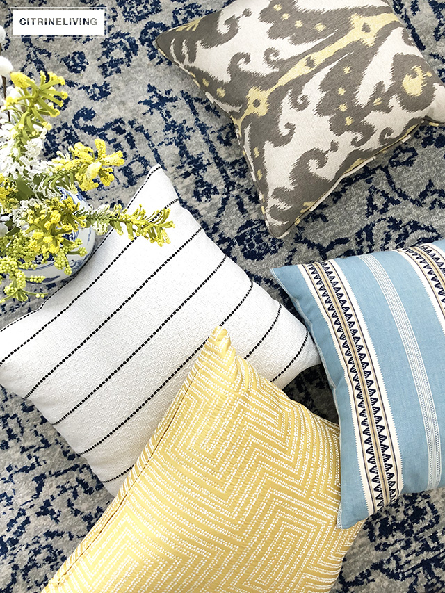 Find some Spring inspiration with a beautiful color palette of blue and white, paired with yellow and green for a bright and happy theme this season.