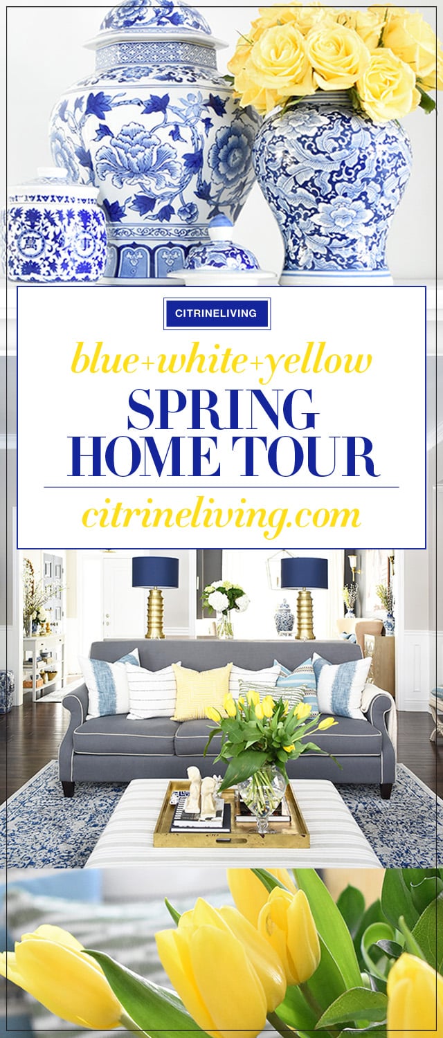 Elegant Spring decorating using pretty blue and vibrant yellow accents along with real and faux florals to help bring a sophisticated yet relaxed feel to your home.