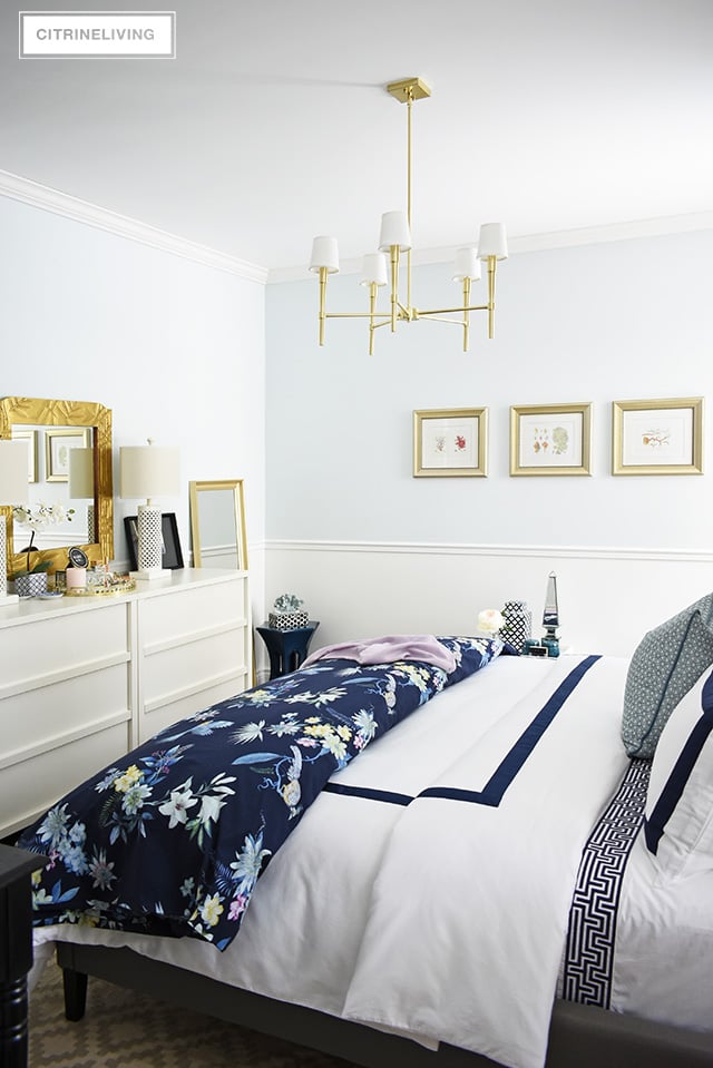 Classic white + navy hotel chic bedding is so gorgeous paired with this navy chinoiserie duvet and shams for a rich and elegant look in our bedroom.