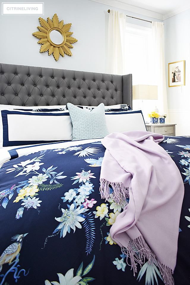 Classic white + navy hotel chic bedding is so gorgeous paired with this navy chinoiserie duvet and shams for a rich and elegant look in our bedroom.