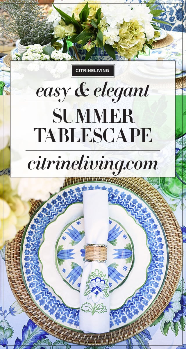 Gorgeous blue, white, and green elegant summer tablescape with a laid back look that's sophisticated and chic! See how to pull this look together for your summer entertaining.