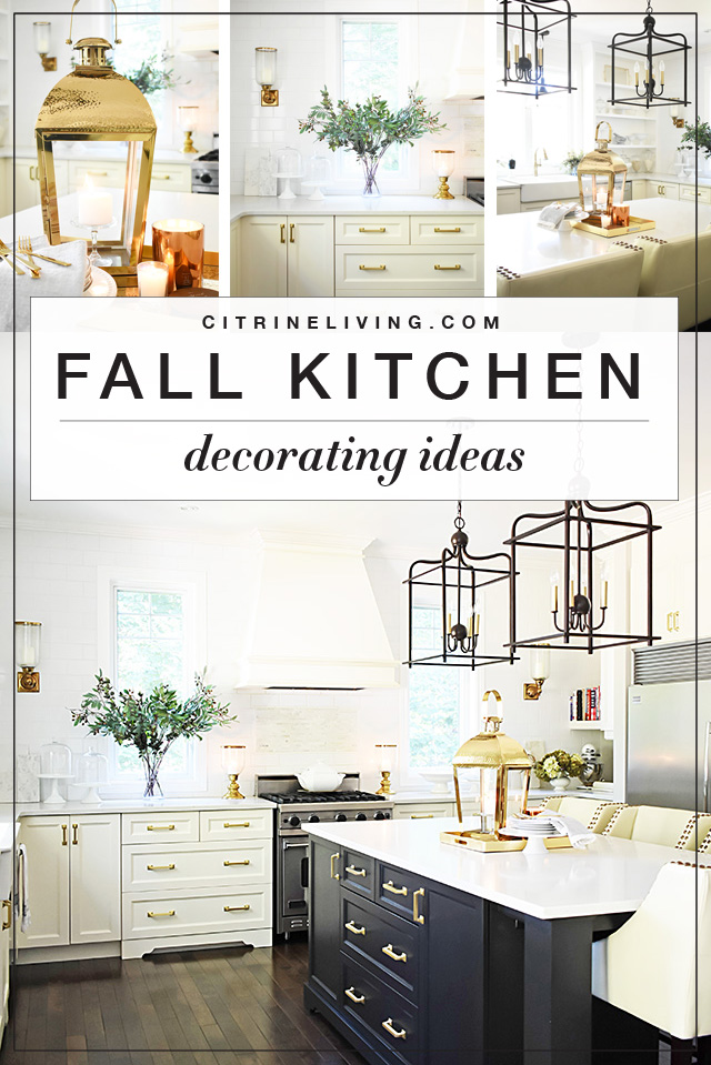Fall kitchen decorating that is simple yet beautiful - warm metals, simple greenery and a just a few accessories for gorgeous pared-back style.