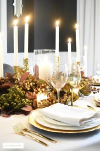 WHITE AND GOLD THANKSGIVING TABLESCAPE WITH FALL FOLIAGE