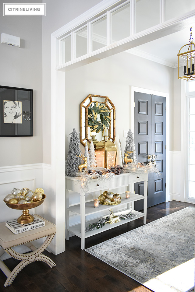 Give your entryway Christmas decorating a luxe look this season using layers of beautiful metallics, for a rich and elegant welcome.