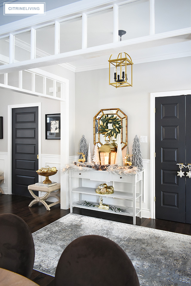 Give your entryway Christmas decorating a luxe look this season using layers of beautiful metallics, for a rich and elegant welcome.