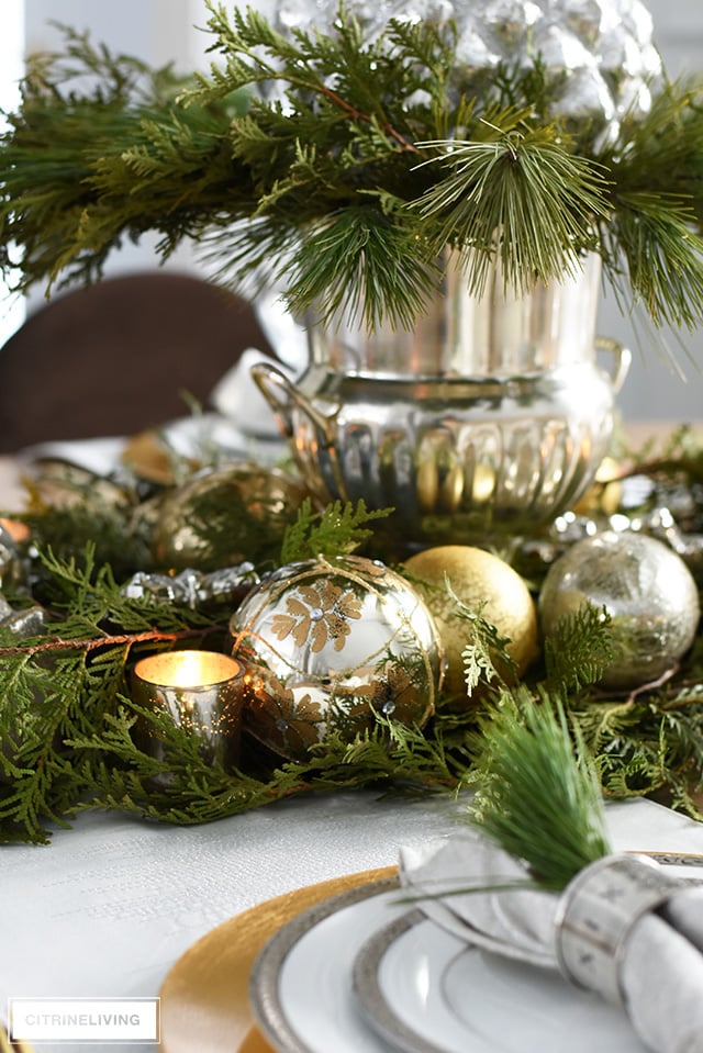 Simple Holiday Table Setting in Pine and Gold