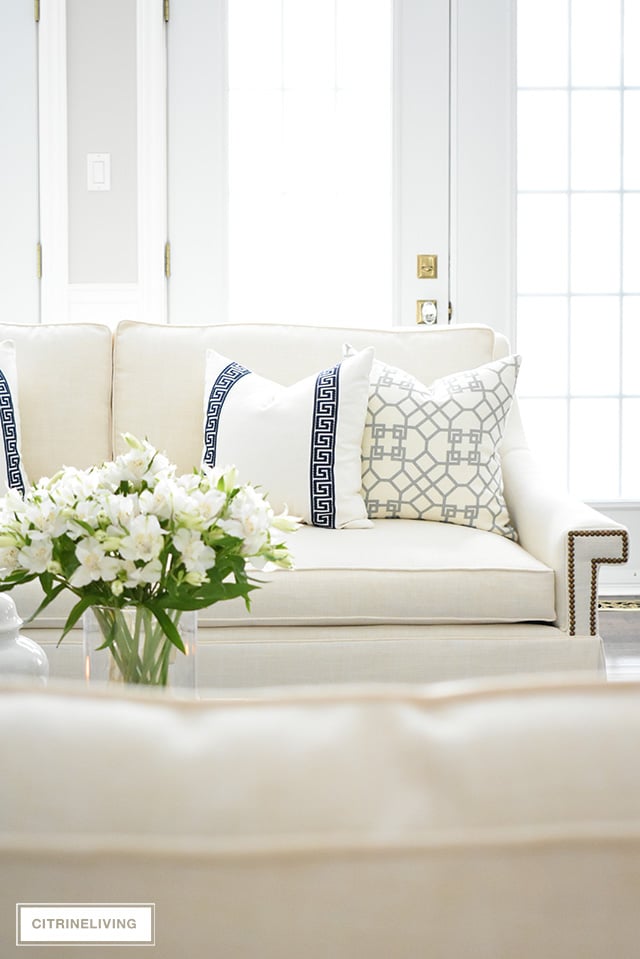 White and Blue Pillows on White Couch - Transitional - Living Room