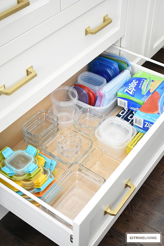 Kitchen Drawer Organizer for Plastic Containers and Lids