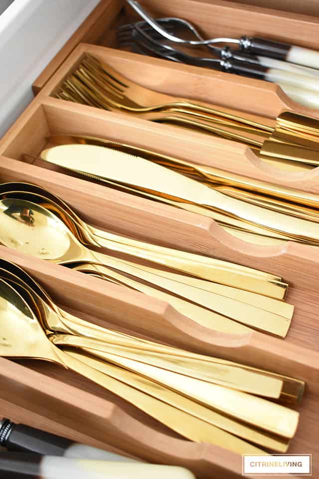 Organized kitchen drawers, spoon and fork