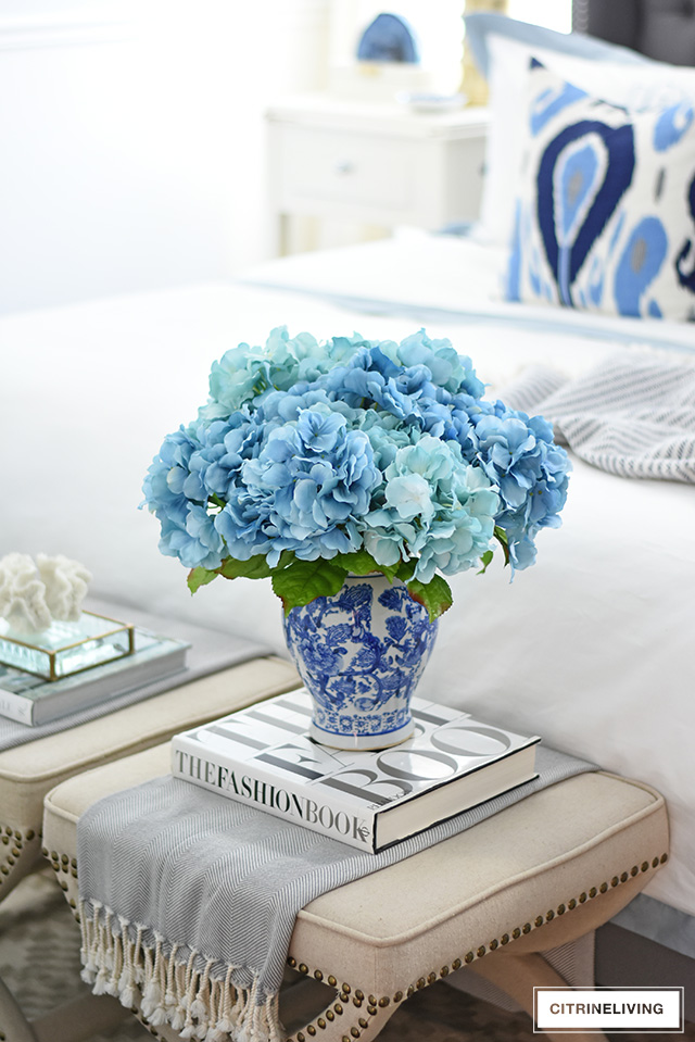 Blue hydrangea floral arrangement