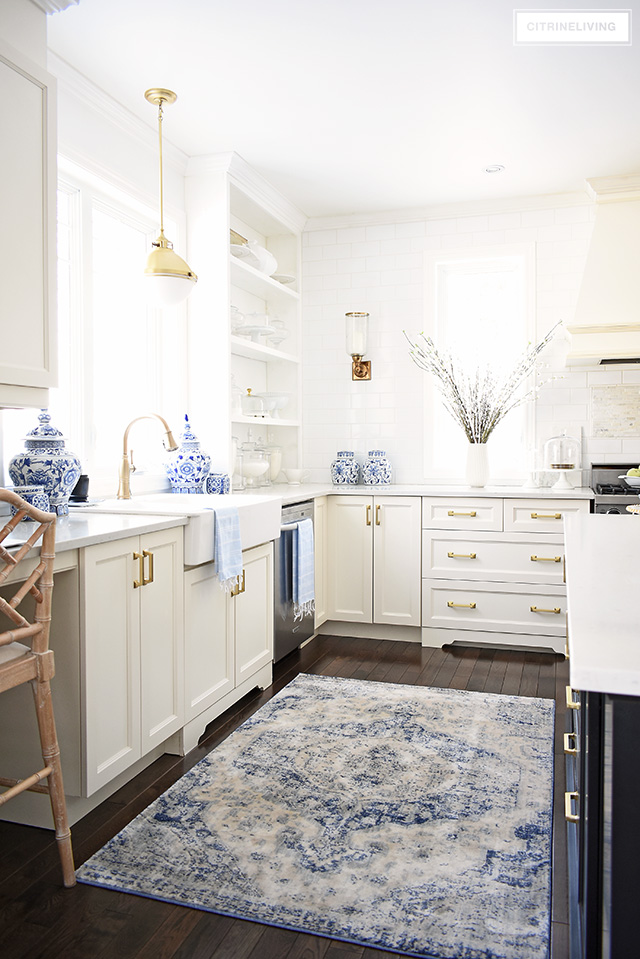 Spring decorating ideas for your kitchen! Add beautiful blue and white touches with light blues for a beautiful spring look!