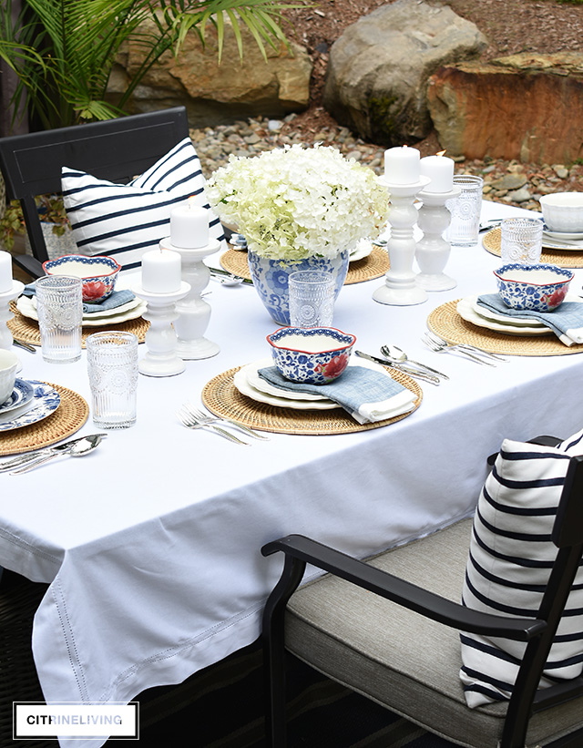 Blue and white late summer tablescape